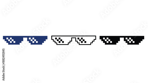 A set of pixelated sunglasses in black and white on a plain background