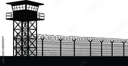 Black prison watchtower silhouette with barbed wire fence, security guard tower, military border control, jail wall, and restricted area vector illustration.