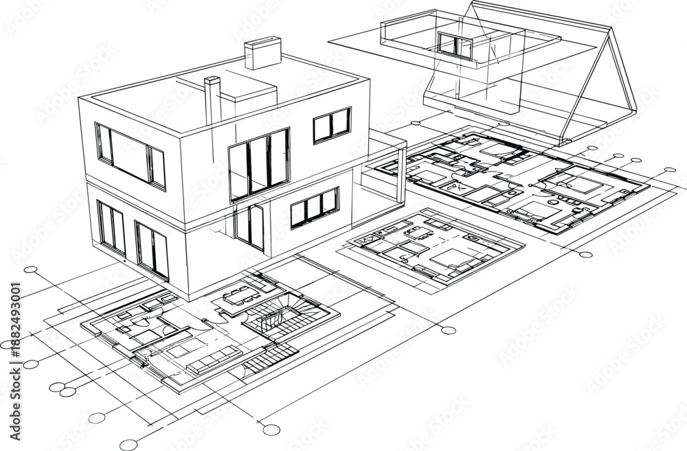 Fototapeta premium Detailed exploded isometric vector of a modern cubic house integrated with a systematic grid of architectural floor plans.