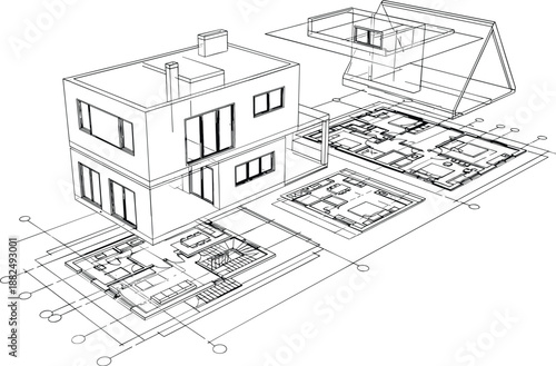 Detailed exploded isometric vector of a modern cubic house integrated with a systematic grid of architectural floor plans.