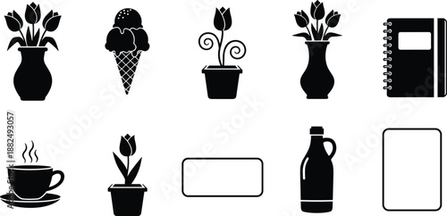 Black and white lifestyle icon collection, decorative flower vase silhouettes, coffee cup and ice cream cone vector, office stationery and botanical elements, isolated