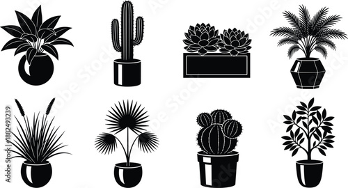 Black and white potted plant silhouette collection, tropical houseplant icons set, decorative botanical garden elements, indoor cactus and palm vector, isolated home decor