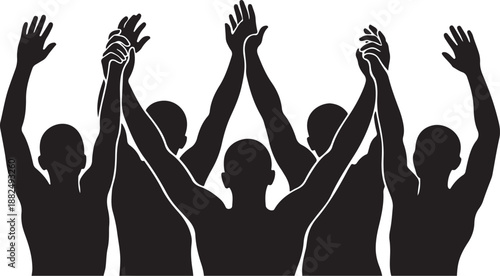 Silhouettes of people raising hands in celebration together