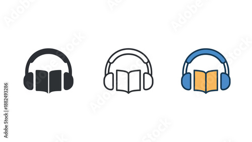 Three icons of headphones with books on a white background