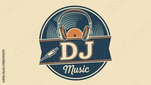 Vintage Inspired DJ Music Logo Emblem Featuring Headphones, Vinyl Records, and Audio Jack for Expert Sound Blending and Creative Musical Composition
