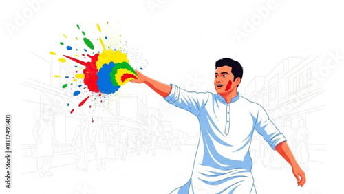 Man celebrating Holi festival throwing colorful powder paint concept of joy and tradition isolated on white background