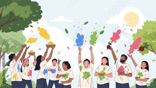 Diverse group of people celebrating Holi festival throwing colorful powders in the air joyful outdoor scene with trees and sun concept for spring celebration and cultural event