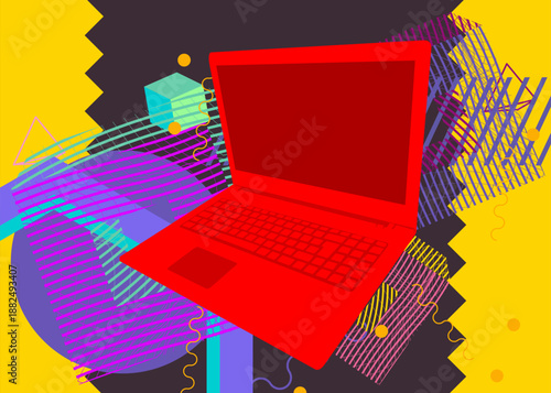 Notebook, laptop geometrical graphic retro theme background. Minimal geometric elements. Vintage abstract shapes vector illustration.