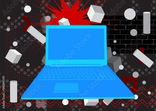 Notebook, laptop geometrical graphic retro theme background. Minimal geometric elements. Vintage abstract shapes vector illustration.