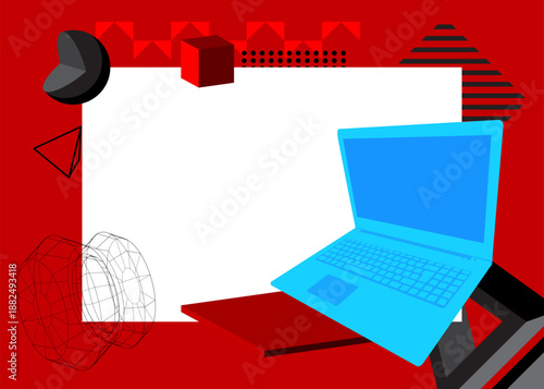 Notebook, laptop geometrical graphic retro theme background. Minimal geometric elements. Vintage abstract shapes vector illustration.
