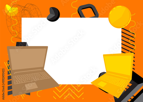 Notebook, laptop geometrical graphic retro theme background. Minimal geometric elements. Vintage abstract shapes vector illustration.
