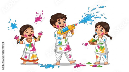 Children celebrating Holi festival playing with water guns and colors joyful outdoor activity for Indian culture isolated on white background