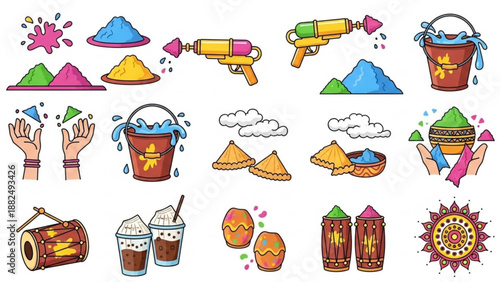 Holi festival icons set featuring colorful powder water guns and traditional elements for festive celebrations isolated on white background
