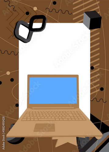 Notebook, laptop geometrical graphic retro theme background. Minimal geometric elements. Vintage abstract shapes vector illustration.