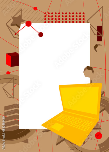 Notebook, laptop geometrical graphic retro theme background. Minimal geometric elements. Vintage abstract shapes vector illustration.
