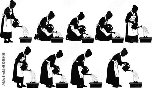 Black and white silhouettes of a woman watering plants in a pot, traditional gardening maid icons, domestic housework illustration, vintage agricultural activities, isolated