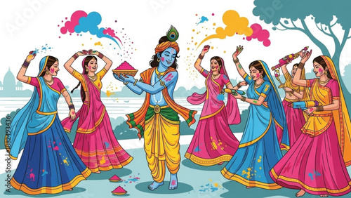 Lord Krishna celebrating Holi festival with women throwing colored powder and dancing vibrant Indian culture illustration for festive events