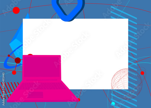 Notebook, laptop geometrical graphic retro theme background. Minimal geometric elements. Vintage abstract shapes vector illustration.