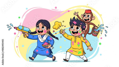 Children playing Holi festival with colors and water guns a monkey joins the fun vibrant illustration for Indian culture and celebration concepts