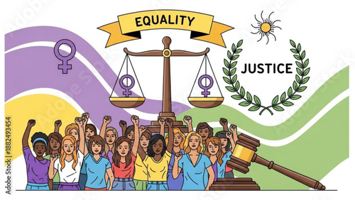 Diverse group of women protesting for equality and justice with scales of justice and gavel symbolizing womens rights movement and social activism