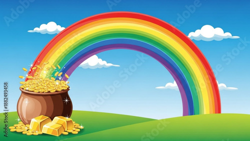 Pot of gold at the end of a vibrant rainbow symbolizing luck and wealth against a blue sky with clouds perfect for St Patricks Day themes