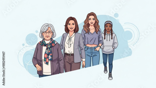 Diverse group of women of different ages and ethnicities standing together representing unity and generational connection flat vector illustration for concept design