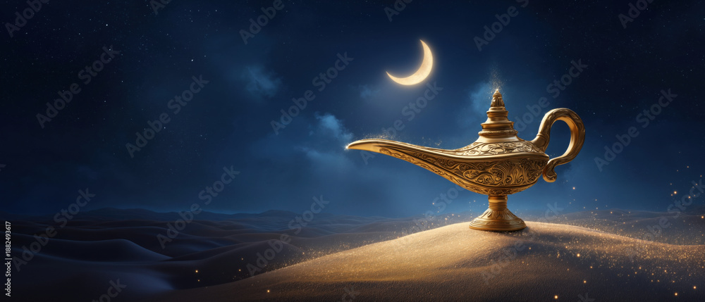 Obraz premium Golden lamp on sand dunes with crescent moon above, created AI