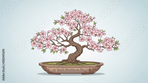 Blooming cherry blossom bonsai tree in a pot delicate pink flowers and green leaves a symbol of spring and tranquility for decorative use