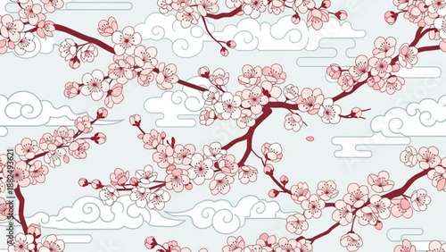 Seamless pattern of cherry blossom branches with clouds delicate floral illustration for spring or Japanese themed designs soft pastel background