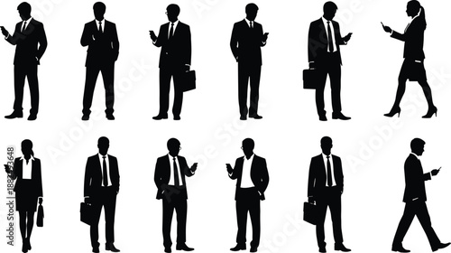 Black and white silhouettes of business people using smartphones, professional men and women in suits with briefcases, corporate mobile communication, vector, isolated