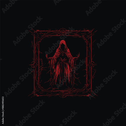 Creepy gothic illustration of a mysterious veiled nun inside a thorny dark frame.