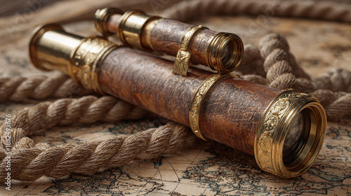 A vintage telescope resting on a nautical map and rope, inviting exploration and discovery. The scene evokes a sense of adventure and the mysteries of the sea