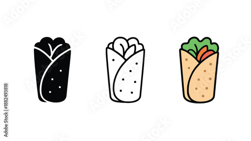Three colorful illustrations of wrapped food on a white background
