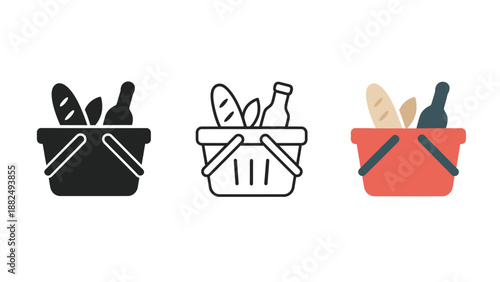 Three colorful shopping baskets filled with bread and wine on a white background