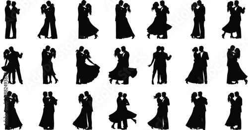 Black and white silhouettes of romantic couples dancing together, elegant ballroom dance poses for weddings, celebratory social events and ballroom dance icons, isolated