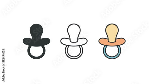 Three pacifiers in different colors and styles on a white background