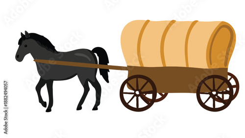 A horse drawn covered wagon carrying goods on a plain background