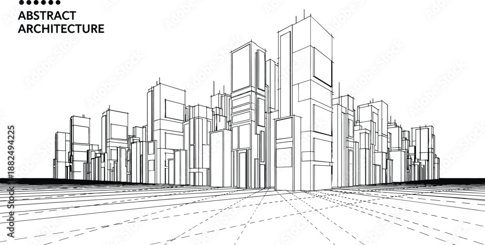 Obraz premium Technical architectural perspective of a dense metropolitan skyline featuring modular skyscraper clusters and an expansive urban drafting grid.