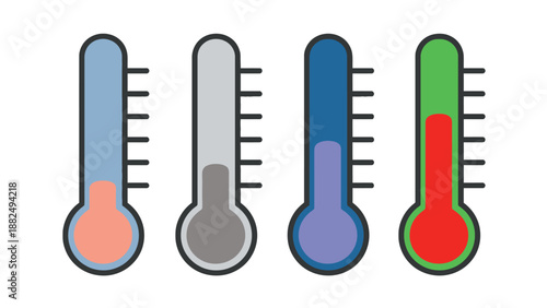 Four cartoon thermometers showing different temperature levels on a white background
