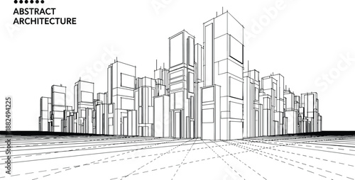 Technical architectural perspective of a dense metropolitan skyline featuring modular skyscraper clusters and an expansive urban drafting grid.
