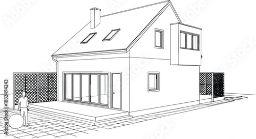 Technical architectural perspective vector of a modern gabled house featuring a cantilevered bay, glass doors, and human scale.