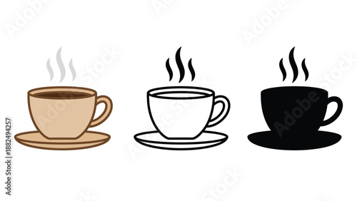 Three steaming coffee cups in different colors and styles on saucers