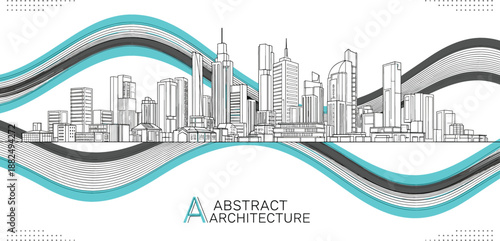 Technical architectural vector of a dense city skyline integrated with fluid teal wave patterns and high-precision drafting details.