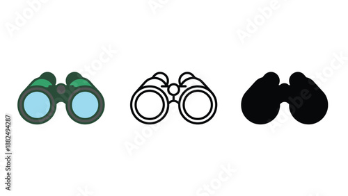 Three different binocular icons in various colors and styles on white background