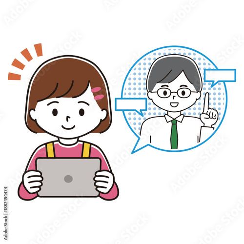 ペンタブを持ってタブレット端末で勉強する女の子のイラスト　遠隔授業