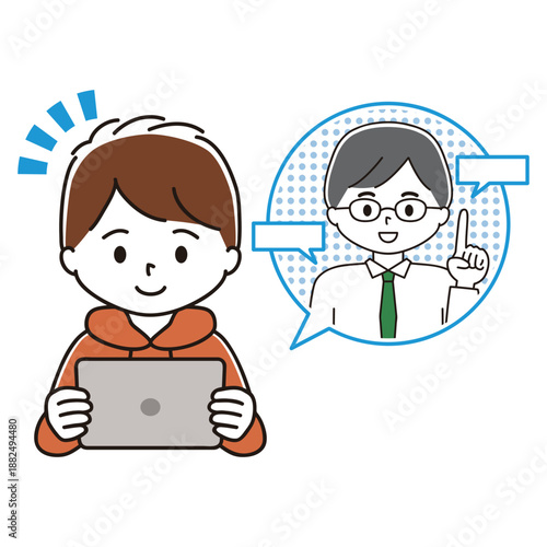 ペンタブを持ってタブレット端末で勉強する男の子のイラスト　遠隔授業
