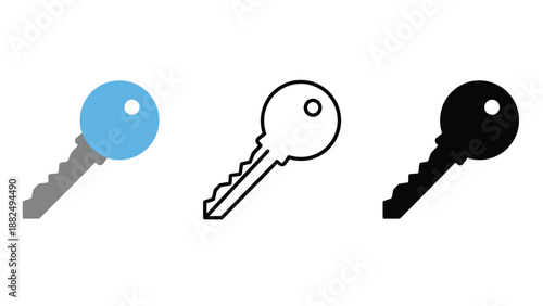 Three keys in different colors on a white background