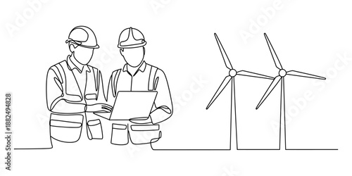 A continuous line drawing of two engineers working on a project related to wind energy Vector, illustration