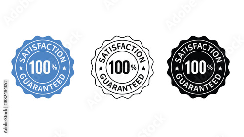 Three satisfaction guaranteed badges in different colors on a white background