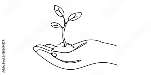 A continuous line drawing illustrating a hand carefully cradling a small seedling Vector, illustration